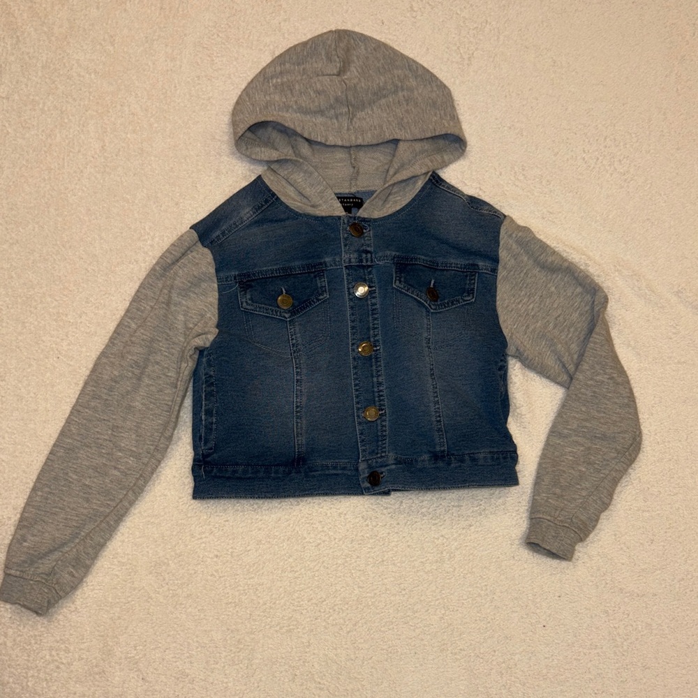 Social Standard Girls' Blue Denim Hooded Jacket with Grey Knit Sleeves